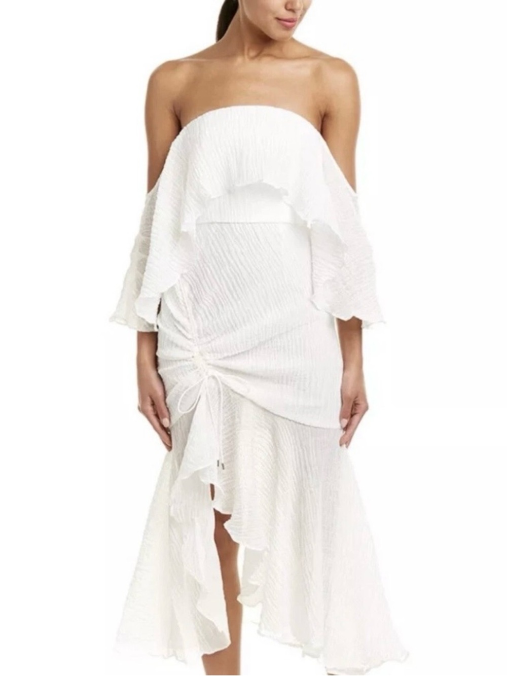C/MEO Collective Sacrifices Gauze Ruffle Midi Dress Ivory Off Shoulder Large L